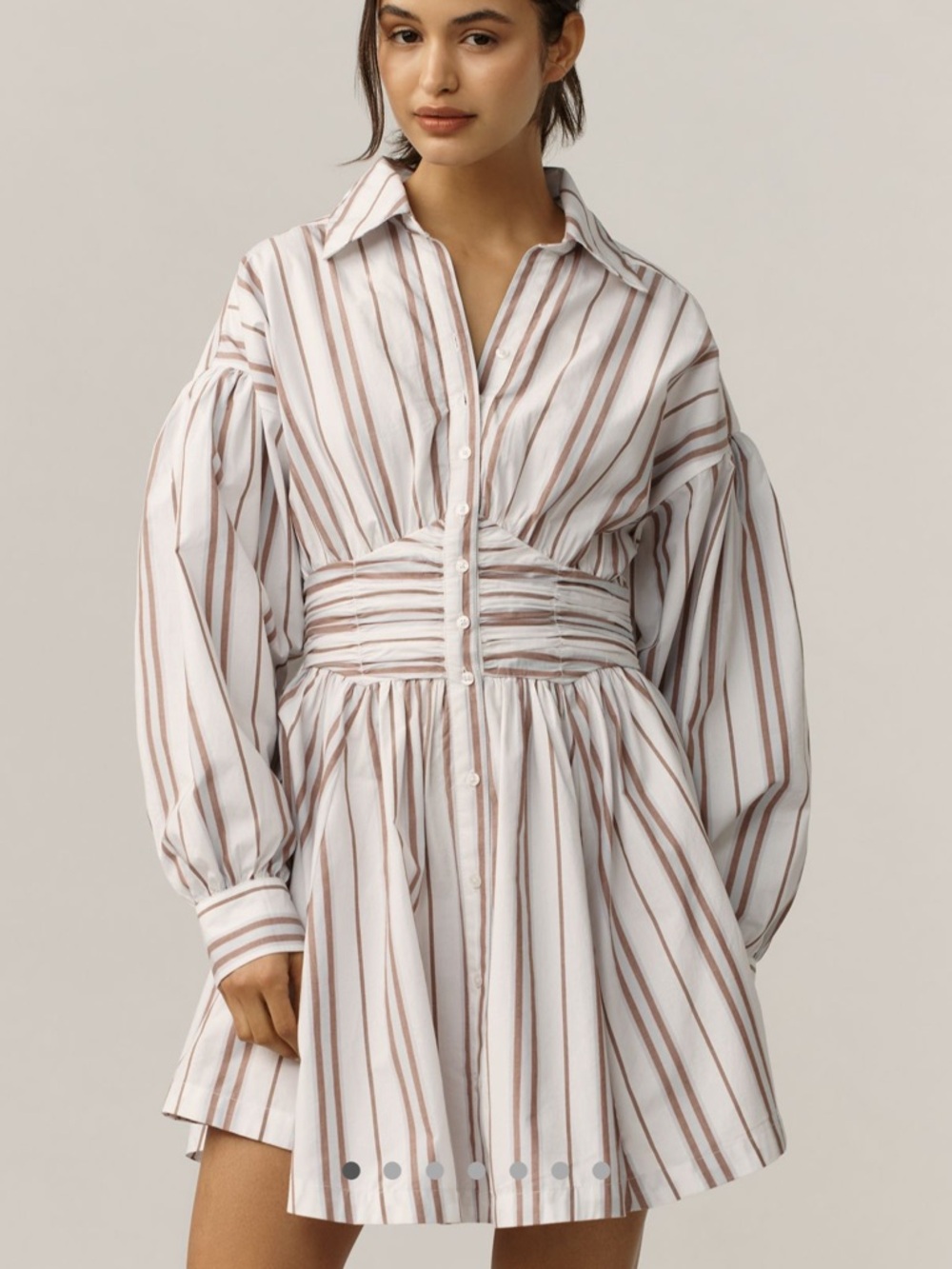 Striped White and Tan Button-Front Shirt Dress